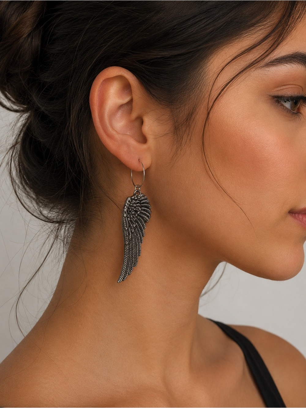 Silver Angel Wing Hoop Drop Earrings - Women Jewelry Handmade